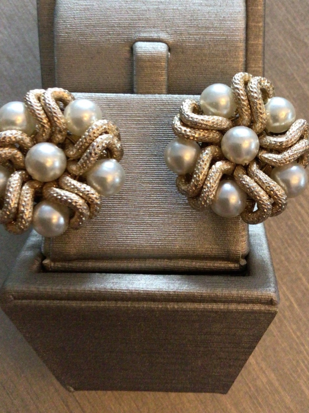 Vintage mid century sentiment gold tone faux pearl knot clip-on earrings